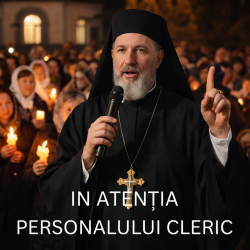 Preot ortodox vorbind la microfon in noaptea de Inviere in fata credinciosilor cu lumanari aprinse